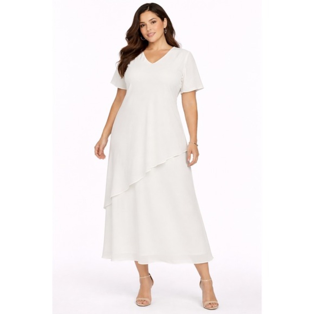 Ultra Dress NY White Asymmetrical Layered Midi Dress‎ V-Neck 22W Wedding 82-34